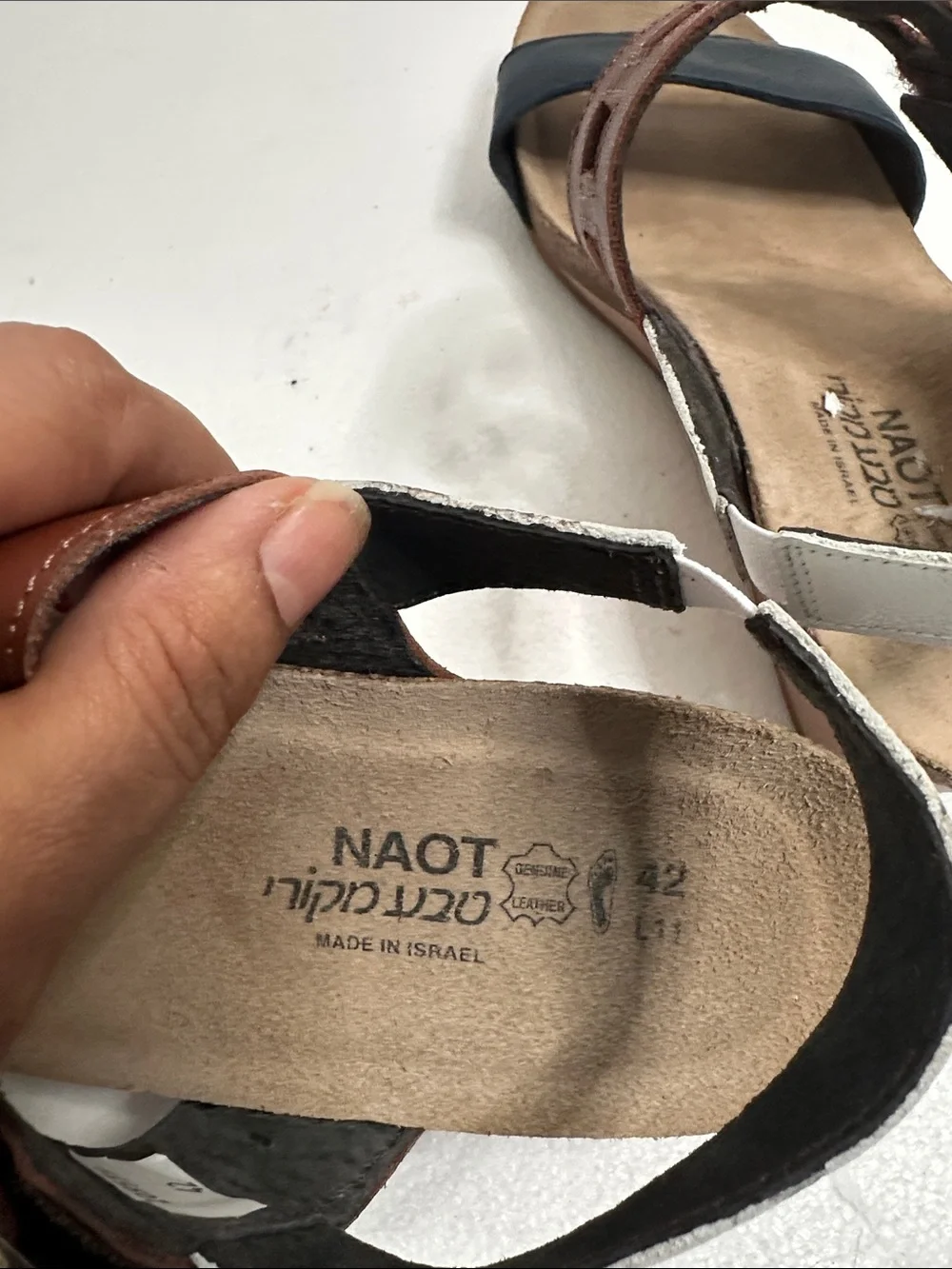 NAOT dynasty wedge Leather Slingback Sandals in Brown and Navy white size 4